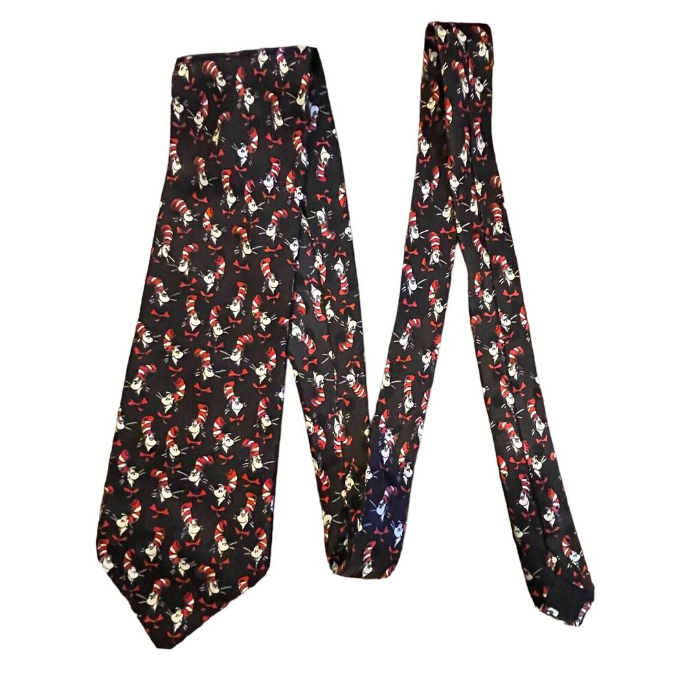 DR SEUSS Cat in the Hat Mens Vintage 100% Silk Neck Tie Black Cartoon Novelty